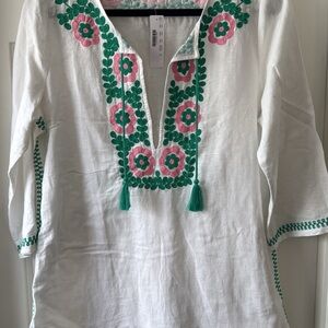 J. Crew White Tunic with Pink and Green Embroidery